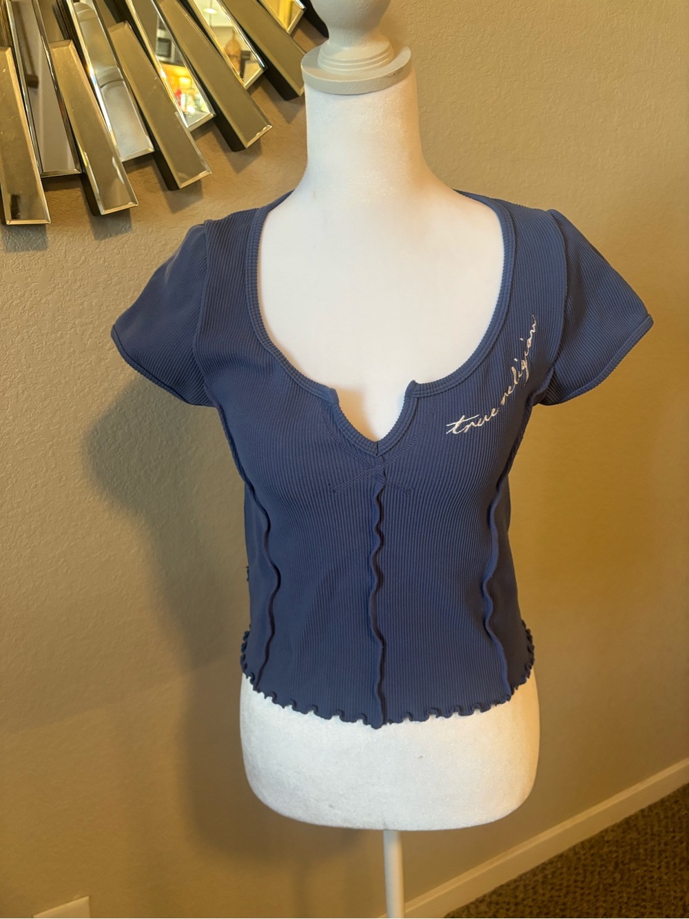 True Religion Navy Ribbed Notch Neck Crop Top